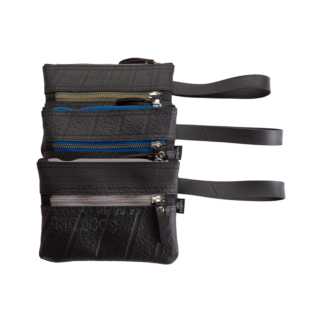 Erin Vegan Wristlet and Belt Pouch made from recycled rubber, featuring a zip pocket and wristlet strap, available in various colors.